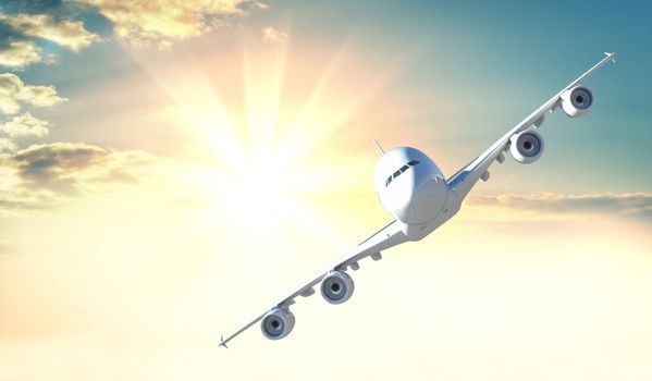 Passenger plane flies to the camera against the background of sunrise or sunset. 3d illustration. Beautiful background for air travel advertising