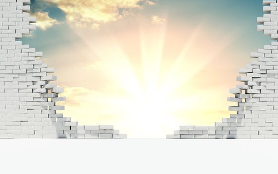 Broken wall of white bricks. Behind the wall is a beautiful sunrise or sunset. The concept of success. 3d illustration