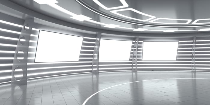 Abstract futuristic interior with glowing panels. 3D Rendering