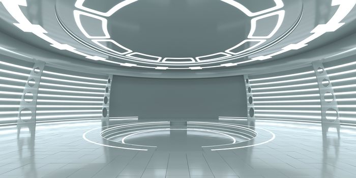 Empty futuristic interior with glossy walls and floor. 3d illustration