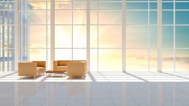 Minimal business interior of a skyscraper floor. Beautiful sunrise or sunset outside the windows. In the room there are sofas and a table. 3d illustration