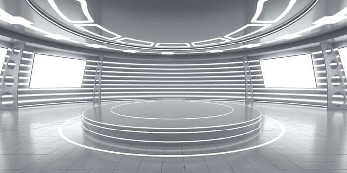 Abstract futuristic interior with a podium in the middle and glowing panels. 3D Rendering