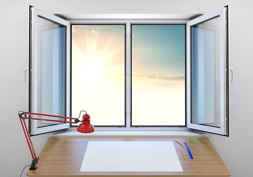 An open window overlooking a beautiful sunrise or sunset. A table with a red lamp, a white blank sheet of paper and pencils inside the room. 3d illustration