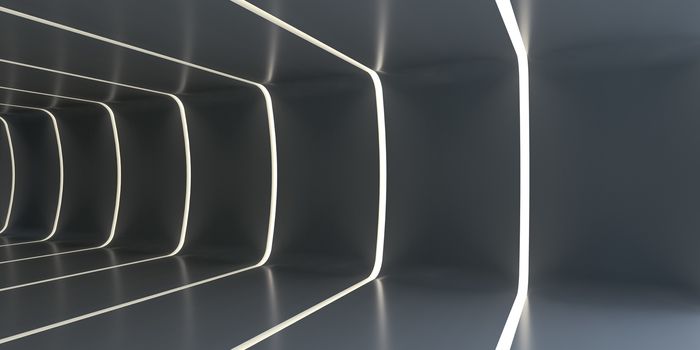 Dark abstract futuristic tunnel. Light strips divide the room. 3d rendering. Empty room