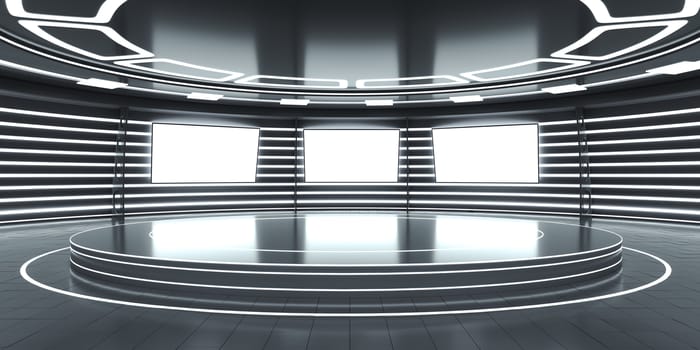 Abstract futuristic interior with a podium in the middle and glowing panels. 3D Rendering