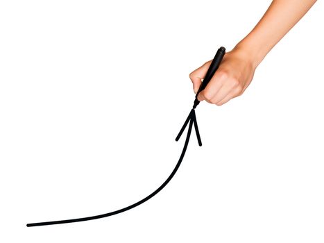 A female hand holds black marker and draws an arrow up. Isolated on white background