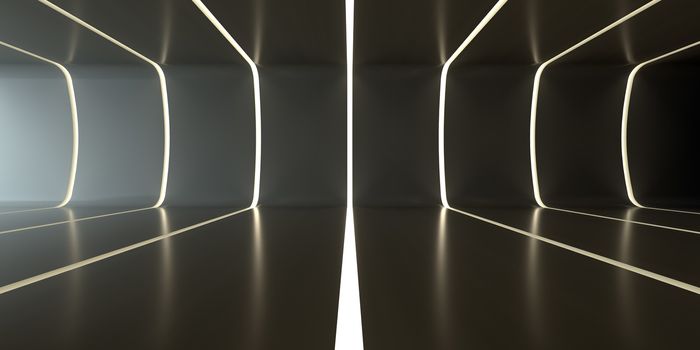 Dark abstract futuristic tunnel. Light strips divide the room. 3d rendering. Empty room