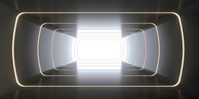 A long tunnel stretching off into the distance and ending light. 3d rendering