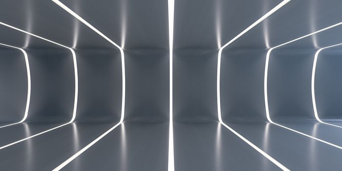 Dark abstract futuristic tunnel. Light strips divide the room. 3d rendering. Empty room