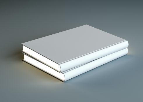 Two closed white empty books lie on a dark background. The pages are glowing. The concept of learning or advertising publications. 3d illustration