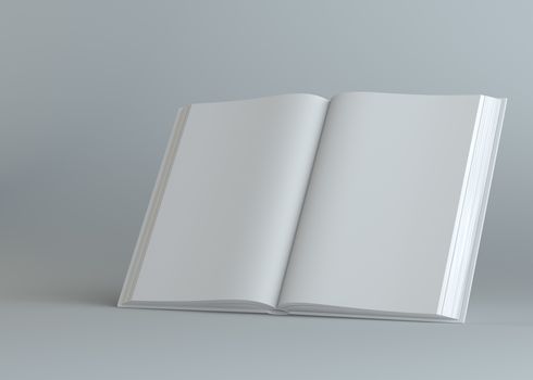 White empty open book on gray background. Template for your content. 3d illustration