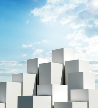 A group of tall white cubes against a blue sky with clouds. Pedestal for people or products. 3D illustration