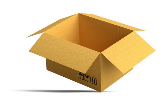 The open packing carton box stands on the corner. Isolated on white background. 3D illustration
