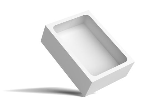 White empty packing cardboard box. In the box cutout in the middle. The box stands on the corner. Isolated on white background. 3D illustration