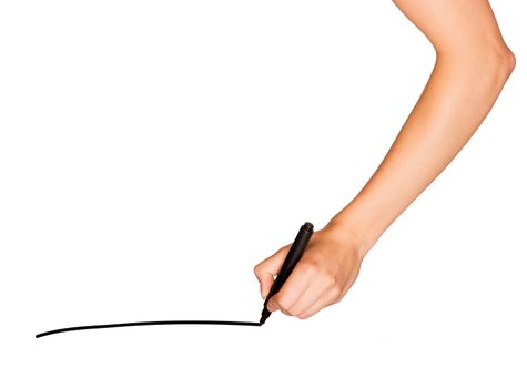 A female hand holds black marker and draws line. Isolated on white background