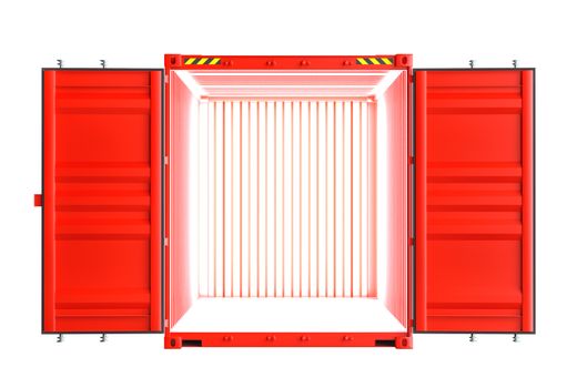 Red metallic open shipping container. Inside the container there is a bright light. Isolated on white background. 3d illustration