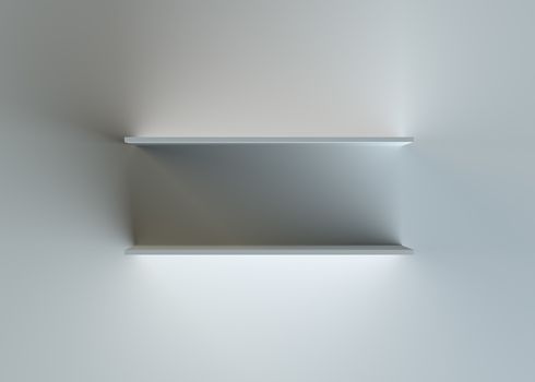 Two empty advertising shelves on dark background. 3d rendering