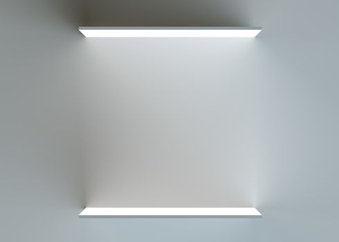 Two empty advertising shelves on dark background. 3d rendering