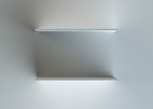 Two empty advertising shelves on dark background. 3d rendering