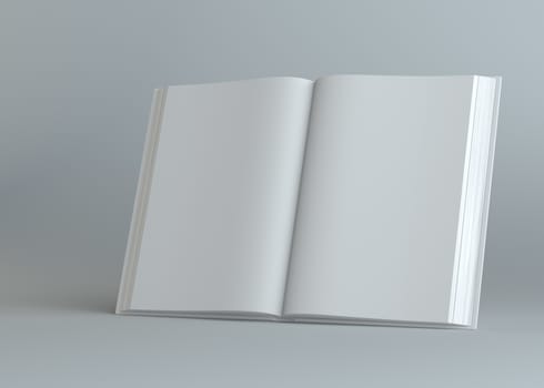 White empty open book on gray background. Template for your content. 3d illustration