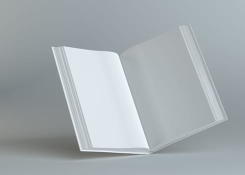 White empty open book on gray background. Template for your content. 3d illustration