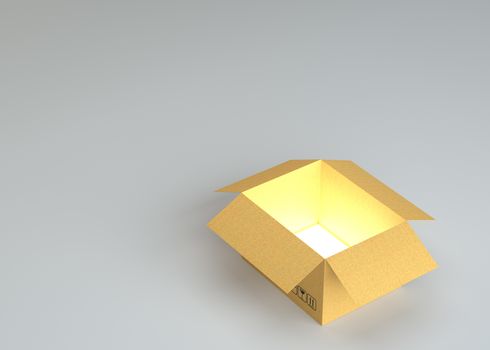 Open cardboard box with glow inside. 3D illustration. Gray background