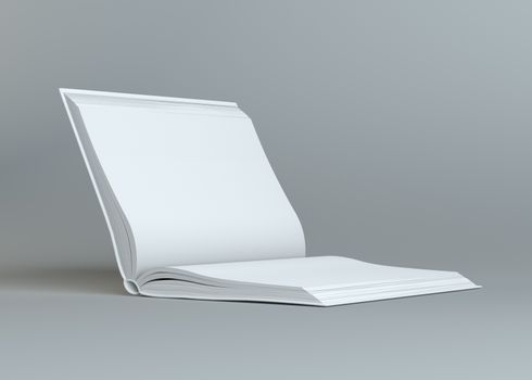 White empty open book on gray background. Template for your content. 3d illustration