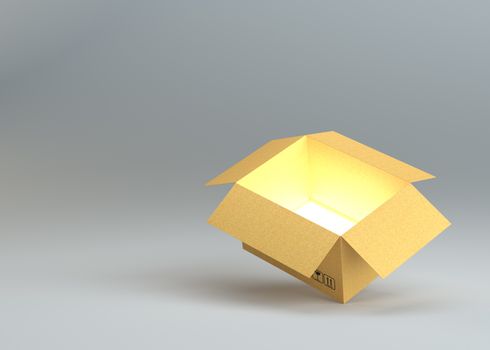 Open cardboard box with glow inside. 3D illustration. Gray background