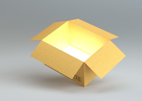 Open cardboard box with glow inside. 3D illustration. Gray background