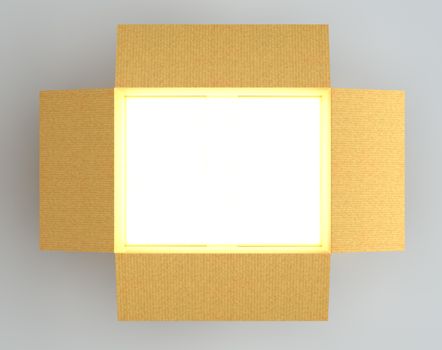 Open cardboard box with glow inside. 3D illustration. Gray background. Top view