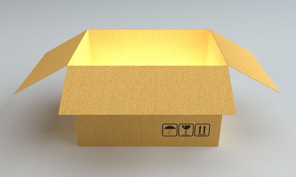 Open cardboard box with glow inside. 3D illustration. Gray background