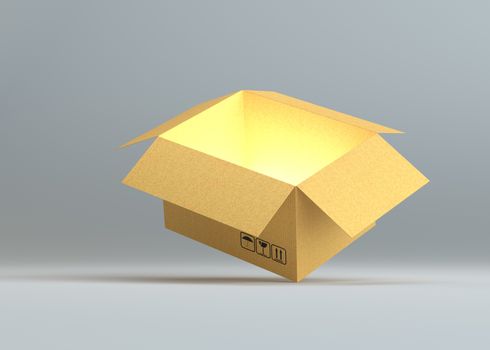 Open cardboard box with glow inside. 3D illustration. Gray background