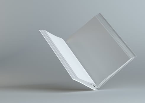 White empty open book on gray background. Template for your content. 3d illustration