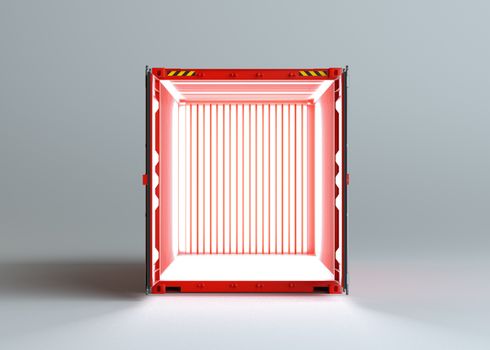 Open red cargo container with light inside. Gray background. 3D rendering