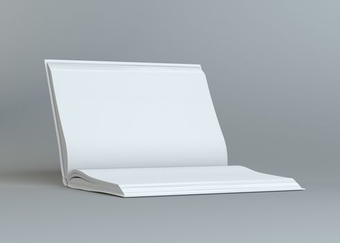 White empty open book on gray background. Template for your content. 3d illustration