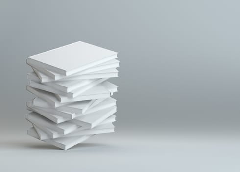 Stack of white empty books on gray background. Template for your content. 3d illustration