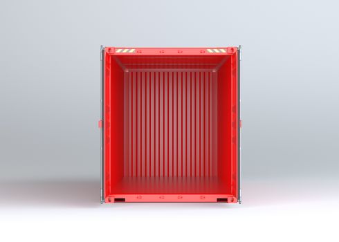 Open red cargo container on gray background. 3D rendering