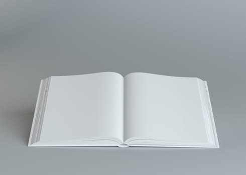 White empty open book on gray background. Template for your content. 3d illustration