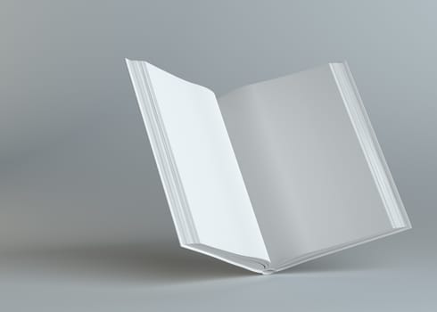 White empty open book on gray background. Template for your content. 3d illustration