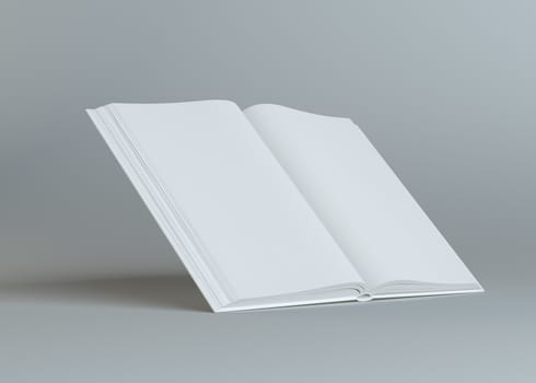 White empty open book on gray background. Template for your content. 3d illustration