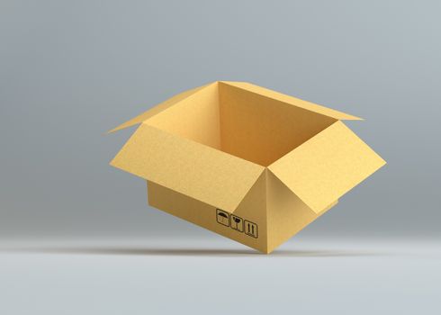 Empty open cardboard box on gray background. 3D Rendering