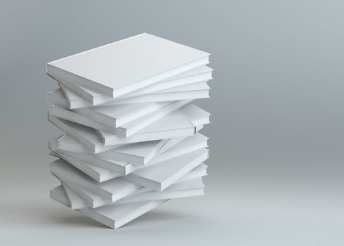 Stack of white empty books on gray background. Template for your content. 3d illustration