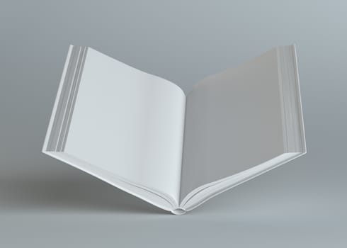 White empty open book on gray background. Template for your content. 3d illustration