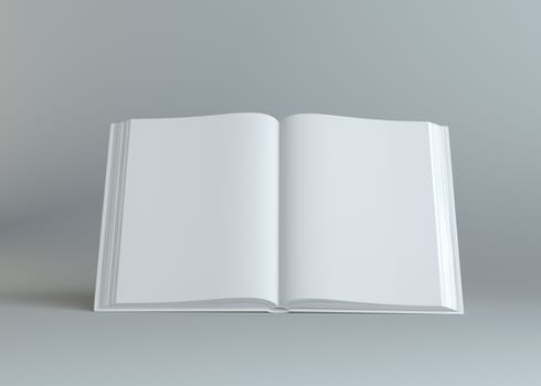 White empty open book on gray background. Template for your content. 3d illustration