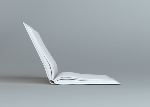 White empty open book on gray background. Template for your content. 3d illustration