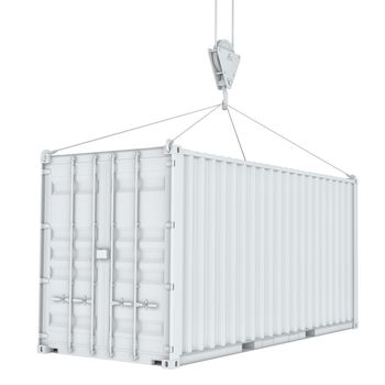 White cargo container on hook. Transportation concept. 3d rendering