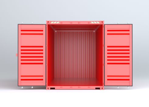 Open red cargo container on gray background. 3D rendering