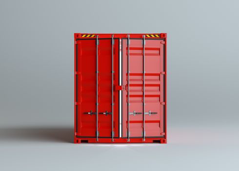 Open red cargo container with light inside. Gray background. 3D rendering