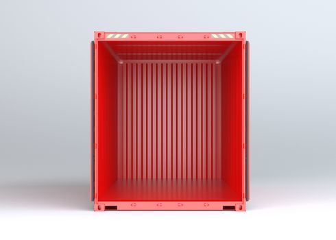 Open red cargo container on gray background. 3D rendering