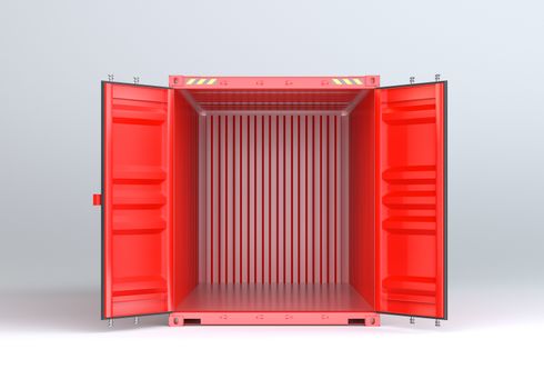 Open red cargo container on gray background. 3D rendering